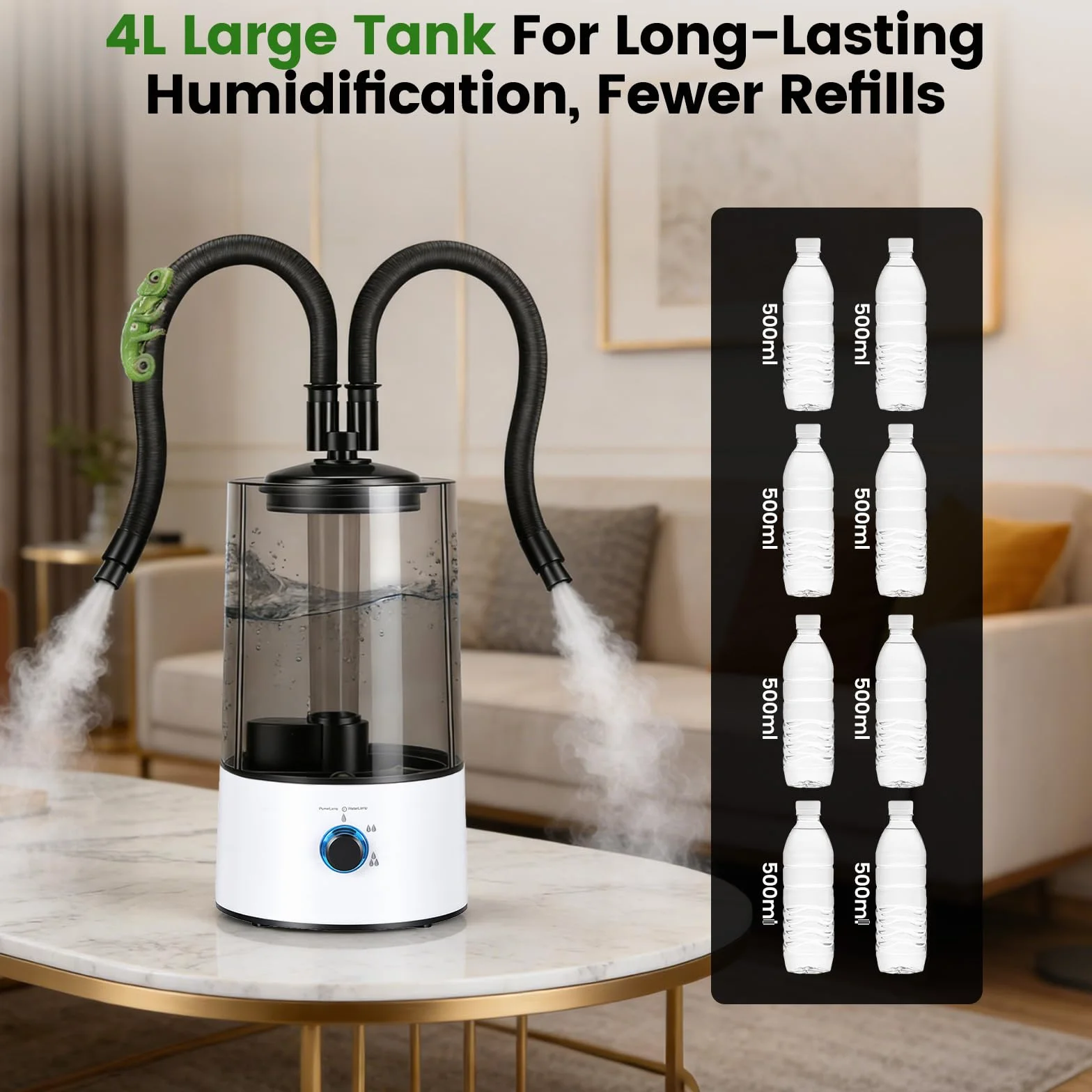 Humidificador Aéreo para Reptiles, 4L Generador Niebla para Terrarios con Tubo Doble Extensible, Ajuste en Tres Niveles del Tamaño de la Niebla, Vaporizador Ultra Silencioso para Reptiles