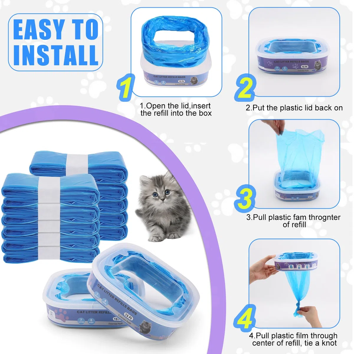 Recambios Cubos de Pañales，compatibles Litter Genie Standard, Plus,XL,Style,Bolsas de recambio para arena para gatos,Super control de olores，Azul （10 Piezas)