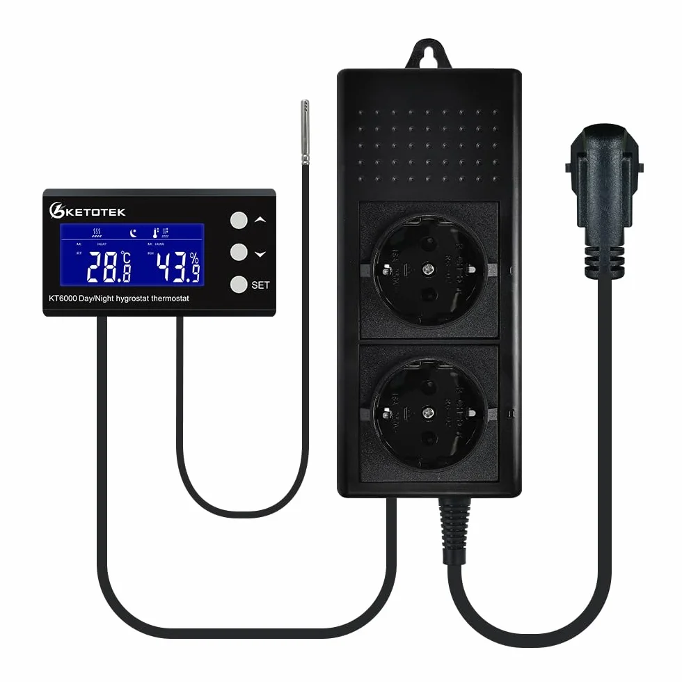 KETOTEK Enchufe con Higrostato Termostato con Sonda, Dia/Noche Controlador de Humedad y Temperatura Regulador Digital 220V con Temporizador para Terrario Reptil Invernadero Incubadora