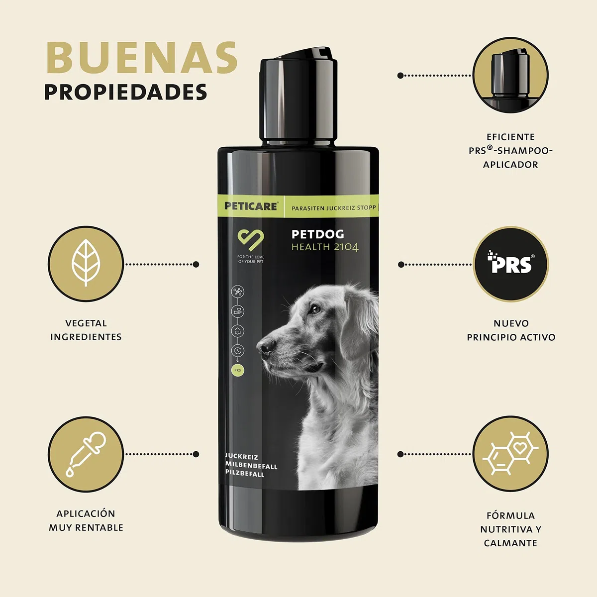 Peticare Perro Champu contra Picor Fuerte, Anti-Pulgas y Anti-Acaros - Tratamiento para Parasitos y Repelente, Shampoo, Ingredientes eficaces - petDog Health 2104