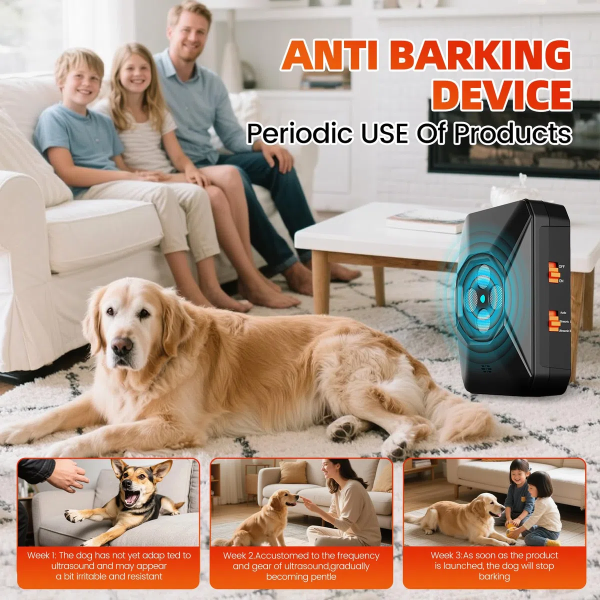 Antildridos para Perros, 4 Transmisores Ultrasónicos, 3 Niveles de Frecuencia Ajustables, Alcance de hasta 30 pies, Seguro para Perros Pequeños, Medianos y Grandes, para Interiores y Exteriores