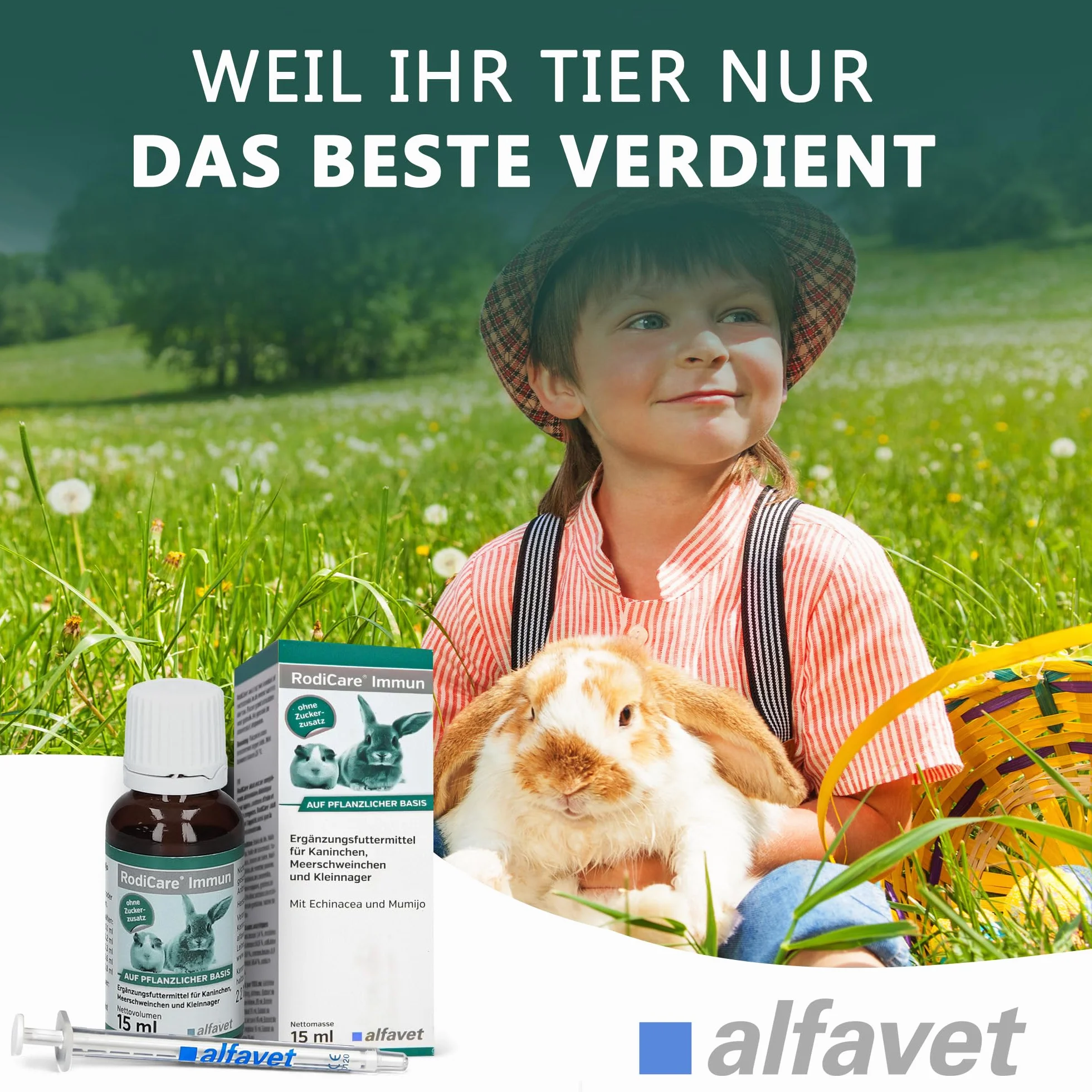 Alfavet RodiCare Immun - Alimento complementario para Conejos, cobayas y pequeños roedores - Refuerzo inmunitario - 2 x 15ml con jeringa dosificadora