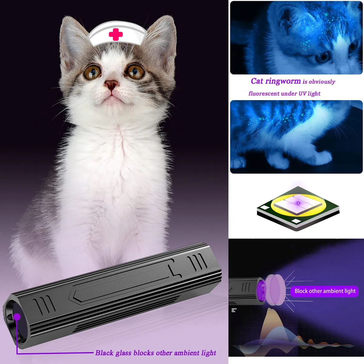 Wood's - Lámpara UV portátil, 365 nm, para mascotas, gatos, perros, luz negra, linterna UV con detector de tiña para gatos, detector de orina de mascotas para analizar la piel de perros y gatos
