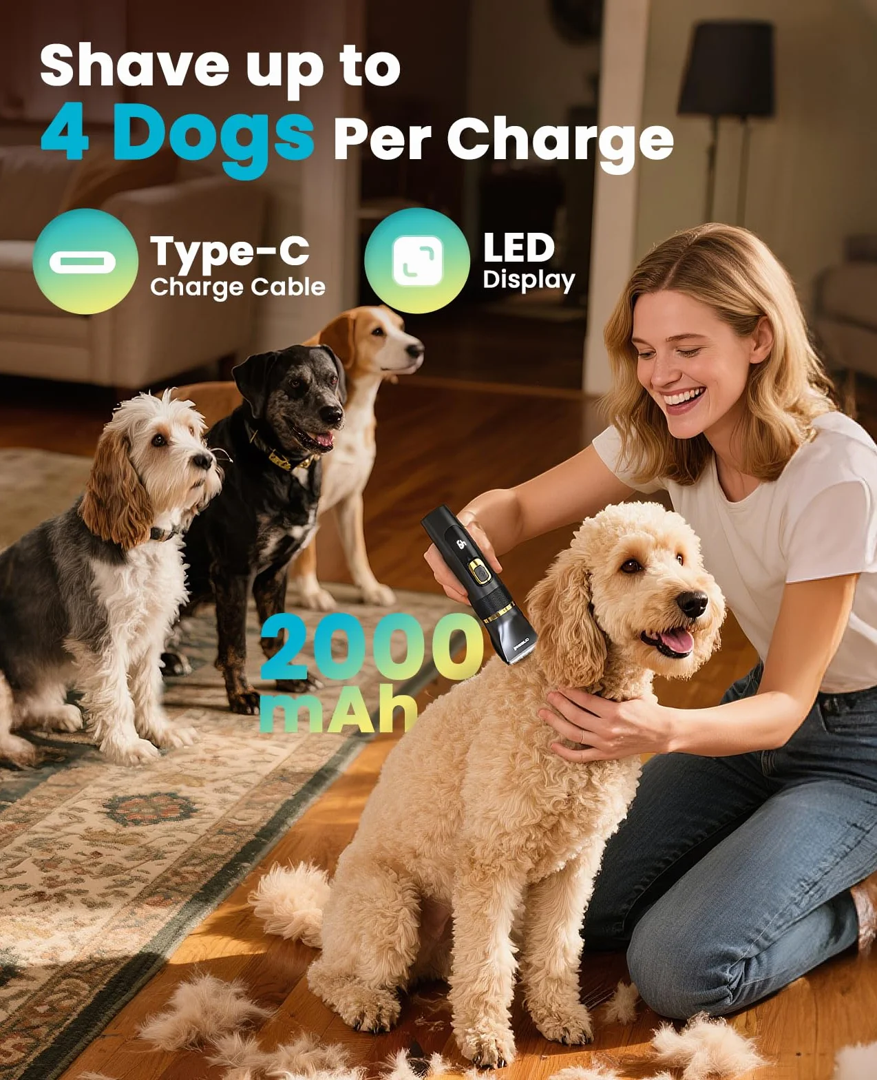 oneisall Silencioso Maquina cortar pelo Perros Mejorada Pro, Profesional Cortapelos Perros Gatos 2000mAh Recargable, IPX7 Impermeable Maquina de cortar pelo barboncini