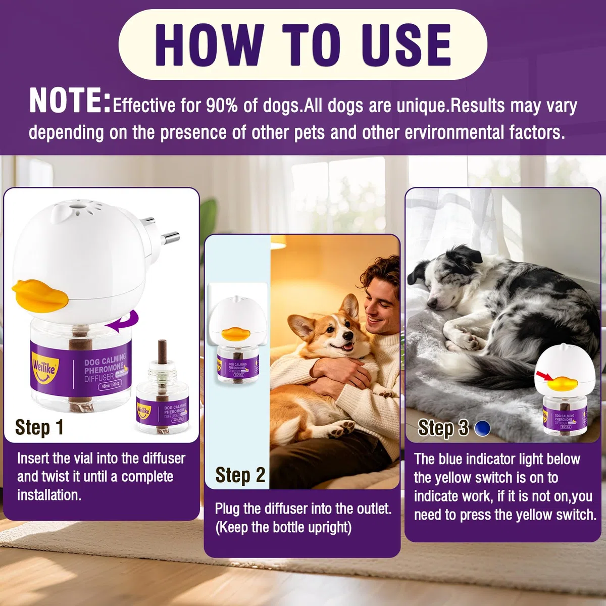 Difusor de Feromonas Relajantes para Perros - Alivio Natural de la Ansiedad y Reducción del Estrés - Favorece la Relajación con Fórmula Segura y Eficaz - Incluye 2 Recambios