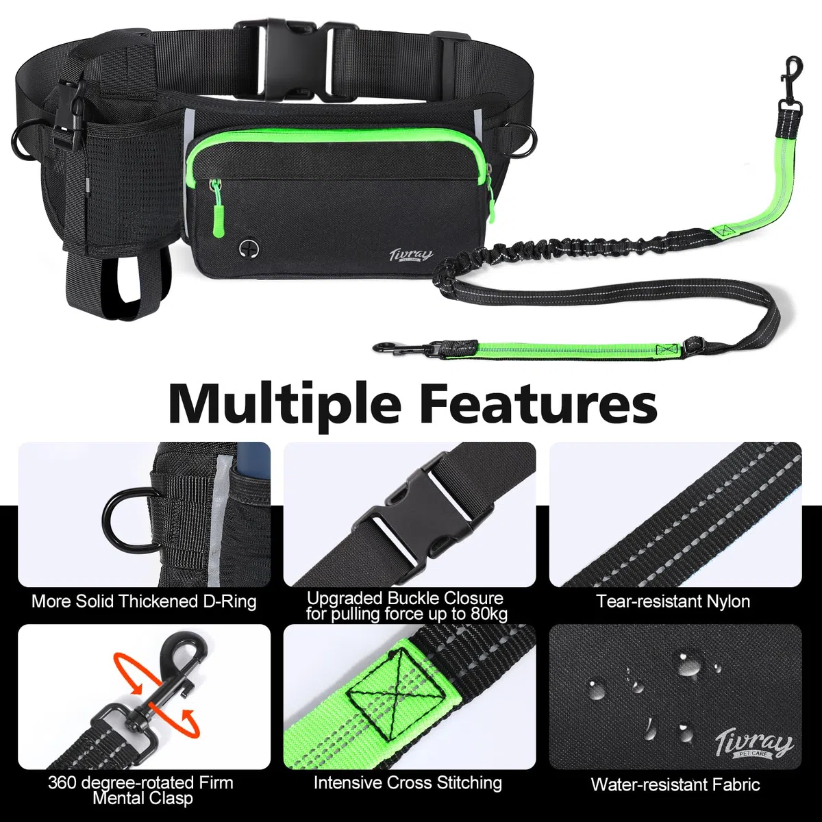 Correa para Perros Manos Libres 2 Perros, Correa de Cintura Ajustable Pasear Perro con Doble Bungees Mango Acolchado, Correa Trotar Amortiguador de Manos Actividades al Aire Libre, Negro+Verde