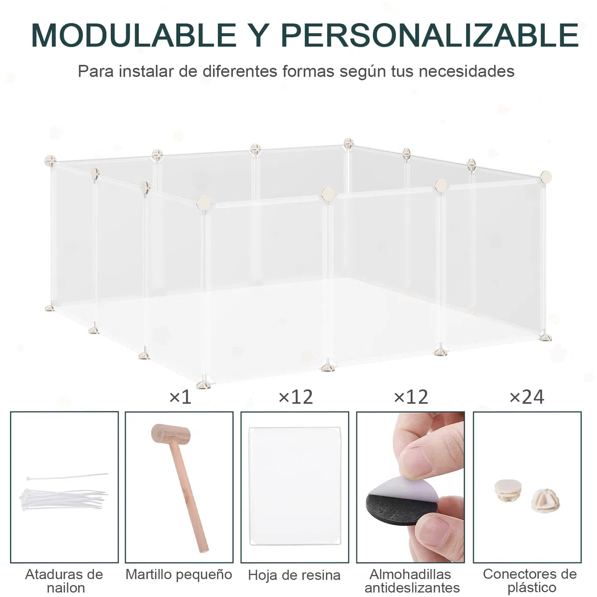 PawHut Valla para Mascotas, Jaula Modular, Recinto Interior de Plástico Transparente con 12 Paneles, 24 Conectores, para Cobayas, 105x105x45 cm, Blanco