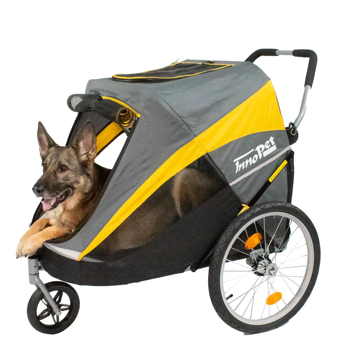 Innopet Hercules 2.0 Carrito para Perros Grandes (hasta 50 kg) - Amarillo/Gris. Incluye protector de lluvia, ruedas de 45 cm y montaje fácil sin herramientas