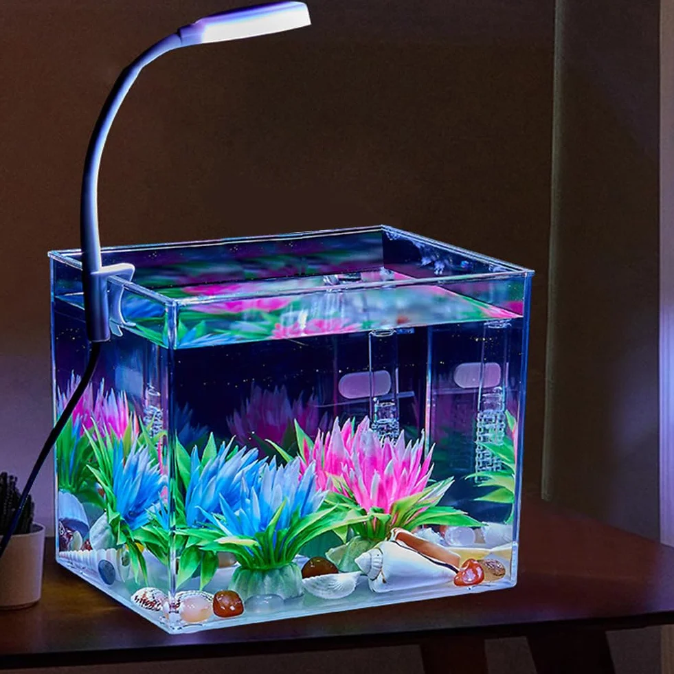 Mini Acuario, Tanque de Plantación de Acuario, Klein Aquarien, Mini Terrario con Luz de Clip Pequeña de 3 W, Kit de Pecera para Peces Dorados de Camarones Betta