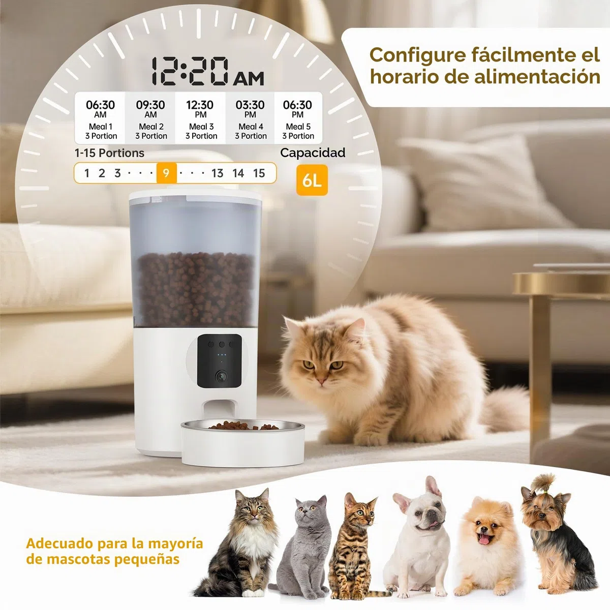 PF1-6L Comedero Gato Automatico WiFi, Cámara 1080P HD, Cuenco de Acero Inoxidable, Programable y con raciones, Antisuciedad y Cierre automático de Salida, Batería de Reserva