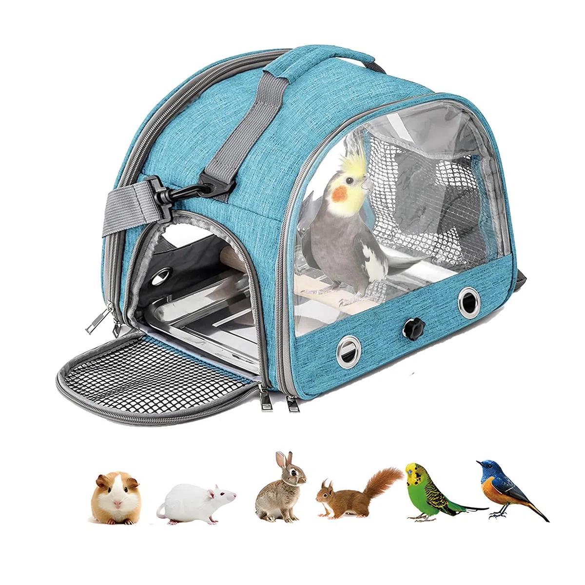 Jaula De Viaje para Pájaros con Percha Y Bandeja, Bolsa De Transporte para Pájaros, Transportador Portátil para, Bolsa De Viaje para Loros, para Periquitos y Loros Pequeños, Azul