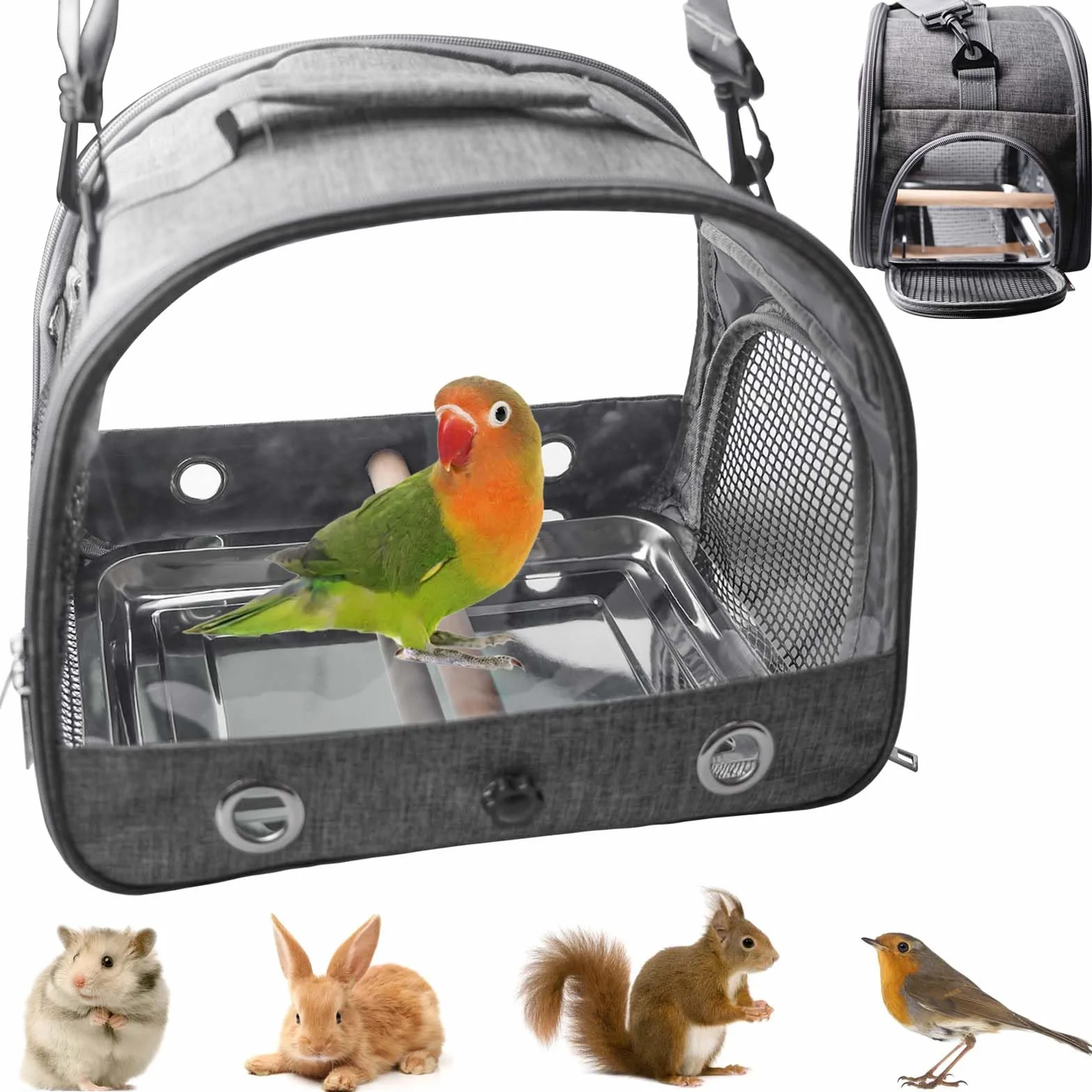 Bolsa de transporte para pájaros con barra de pie, bandeja de acero inoxidable, caja de transporte para pájaros, mochila con palo de madera, jaula portátil para loros, periquitos, animales pequeños