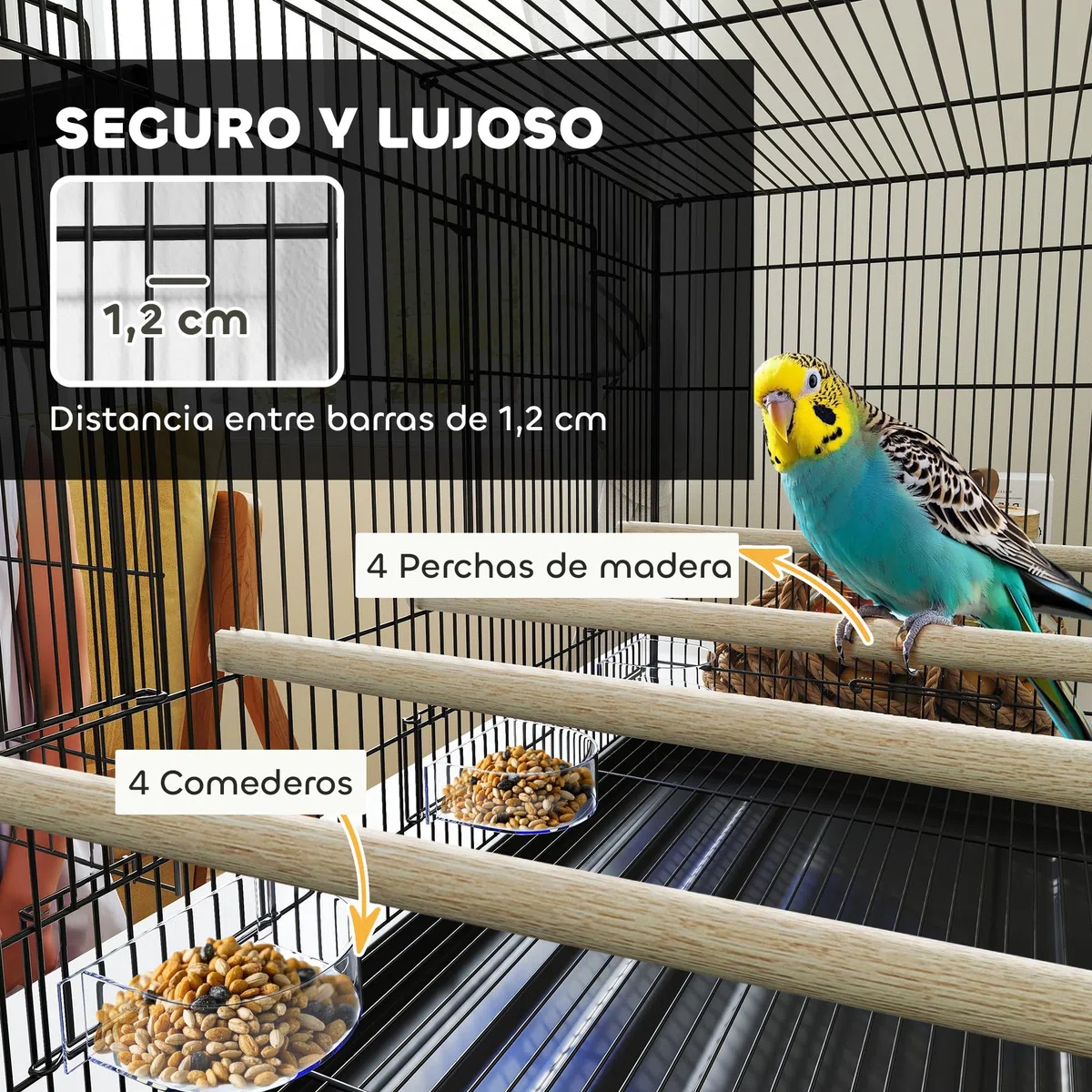 PawHut Jaula para Pájaros con Divisor, 76x46x46 cm, Pajarera con 4 Comederos, 4 Perchas y Bandeja Extraíble, Jaula para Loros, Canarios, Periquitos, Negro