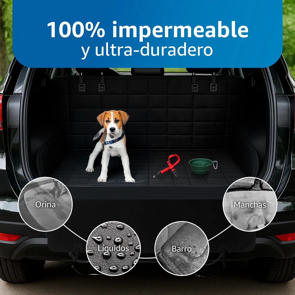 Funda Coche Perro - Protector Coche Asiento Trasero y Maletero, Medidas 147 cm Alto x 135 cm Ancho, Incluye Bebedero Comedero Pleglable y Correa de Seguridad Ajustable, Accesorios Mascotas