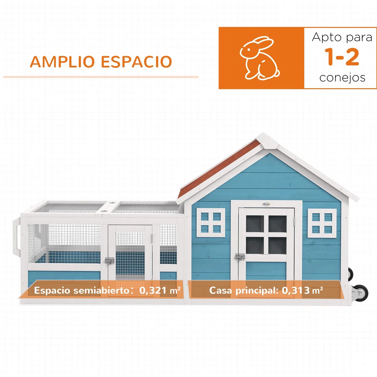PawHut Conejera Exterior de Madera 162,5x59,2x77,6 cm Jaula para Conejo Casa para Conejos con Ruedas Rampa Ventanas de Decoración Puerta y Techo de Asfalto Azul