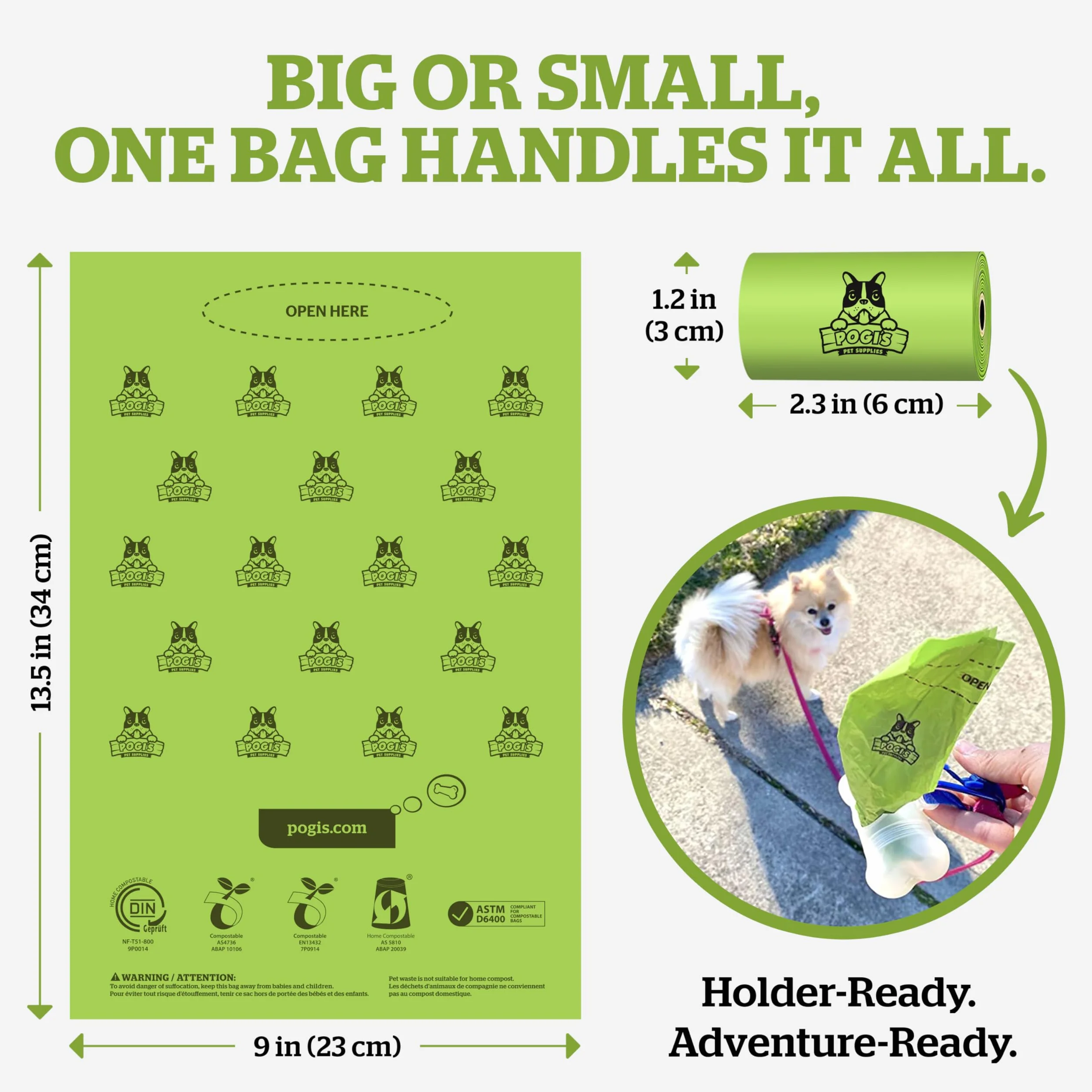 Pogi's Poop Bags - Bolsas Compostables para excremento de Perro - 32 Rollos (480 Bolsas) - Impermeable, Vegetal, Bolsas Compostables para Residuos de Perros con Certificación ASTM D6400, EN 13432