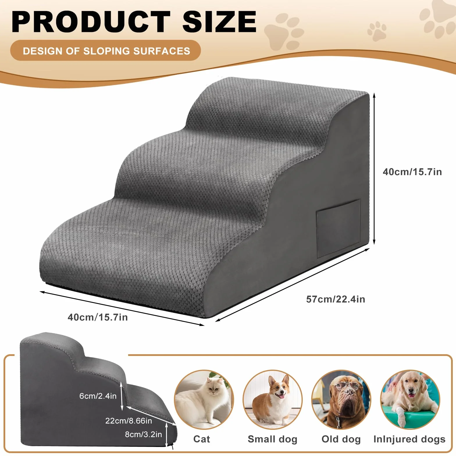 Otauoaea Escalera para Perros, Escaleras para Mascotas de Espuma de 3 peldaños para Cama/sofá, Rampa para Perros Pequeños y Gatos con Funda Lavable y Fondo Antideslizante, Enviar Rodillo de Pelusa