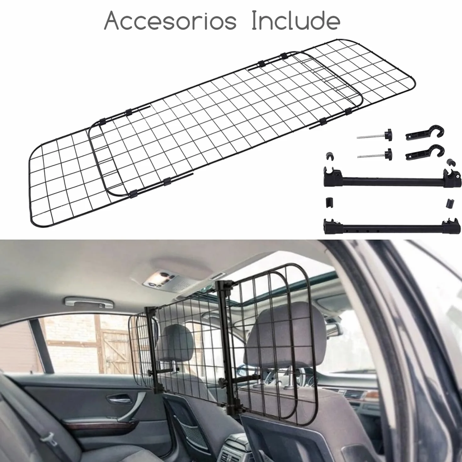 Nobleza - Barrera Protectora de Coche para Perros, Rejilla Separador Perro Coche Extensible Universal Reja de Seguridad Barrera, para Perro y Maletas Mascota Apoyo para Cabeza 96-145x30cm Acero
