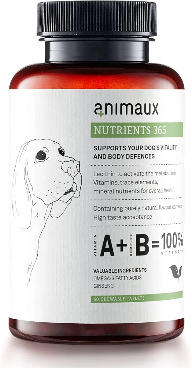 Animales nutrientes 365 – 60 Comprimidos masticables – Vitaminas para Perros, Apoyo al metabolismo, Sistema inmunológico y Peeling, con Complejo de vitaminas B, Omega 3, Ginseng y Más