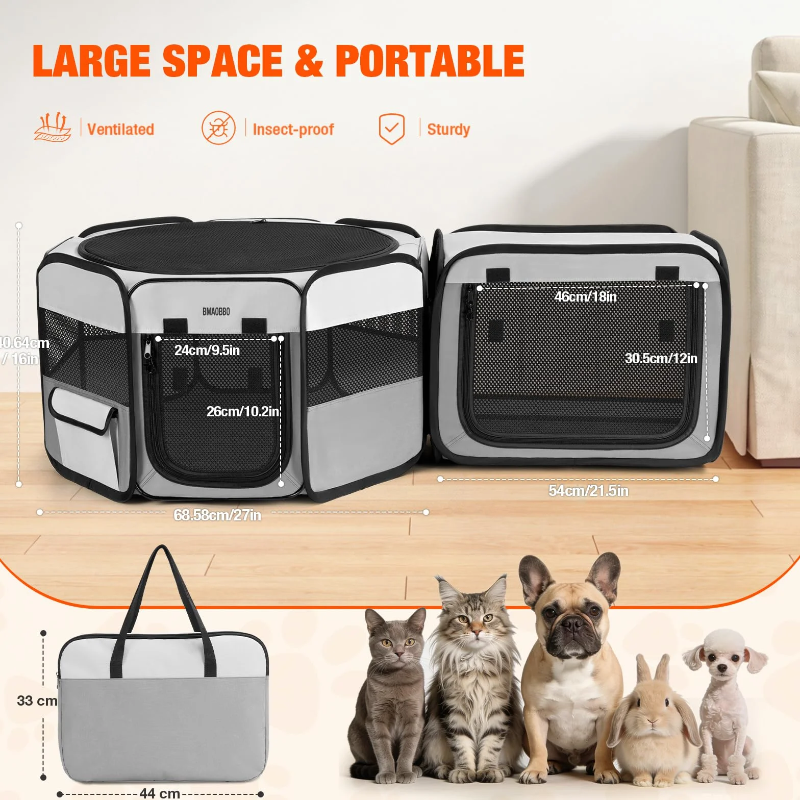 Corralito portátil 2 en 1 para gatos, 48 x 26 x 26 pulgadas, corralito grande para mascotas con caja de arena desmontable, perrera desplegable para interiores y exteriores, para gatos, perros pequeños