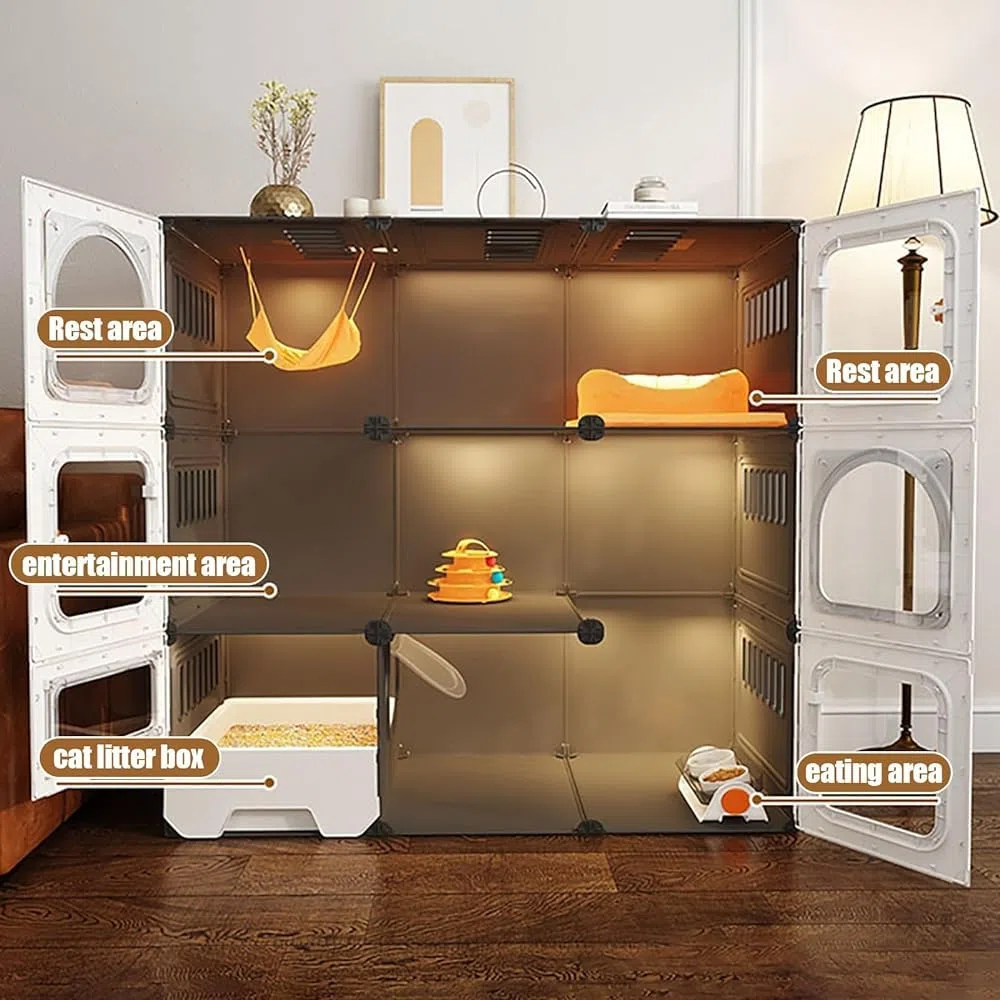 Jaula para gatos de interior con caja de arena extraíble, espacio extra grande, para gatos, hurones, chinchilla, caja cerrada para gatos con puerta para gatos, corral para mascotas para el hogar