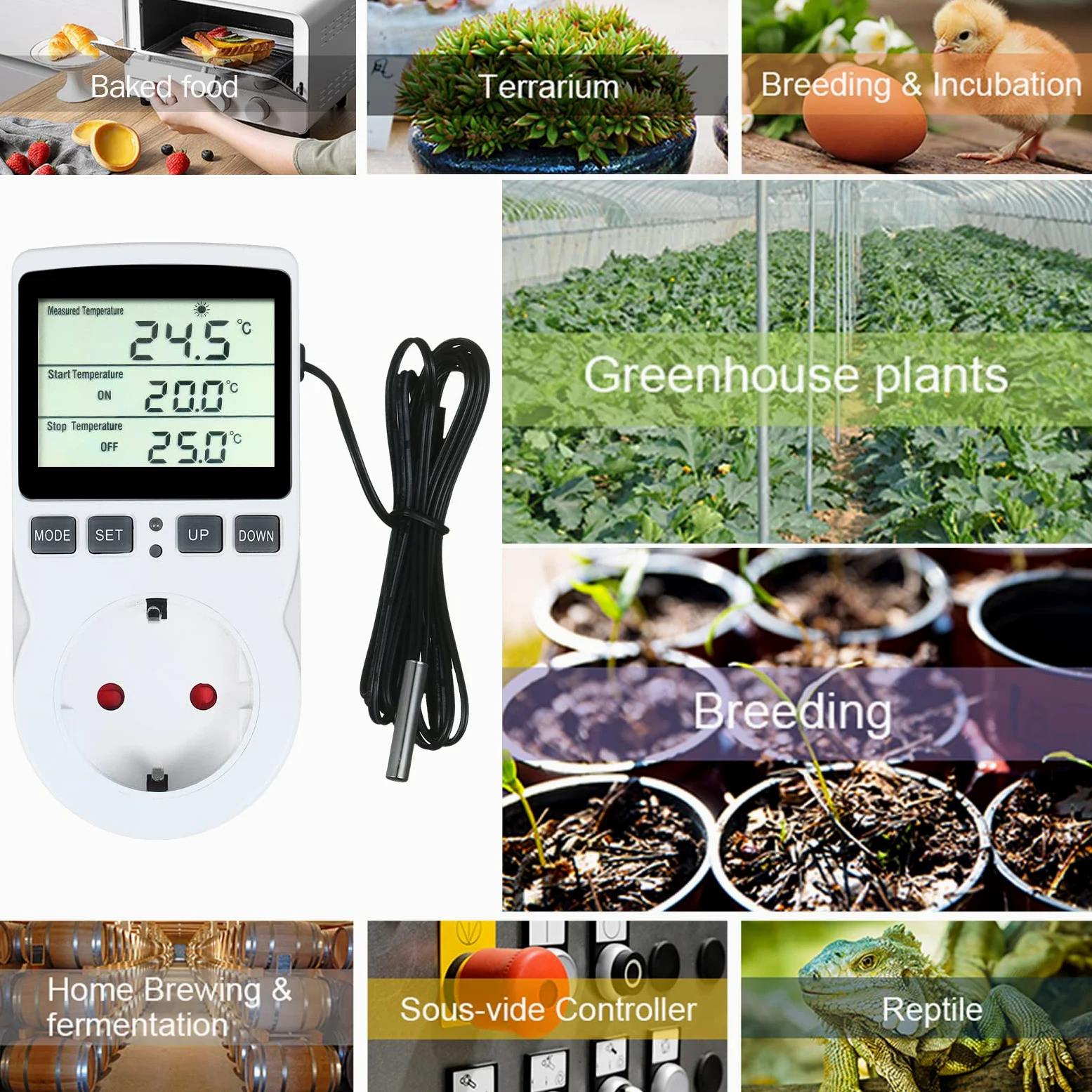Termostato Digital, Weytoll Termostato LCD Enchufe de Salida Control de Enfriamiento de Calefacción para Terrario Acuario Reptiles Toma de Salida con Control de Temperatura con Temporizador y Sonda