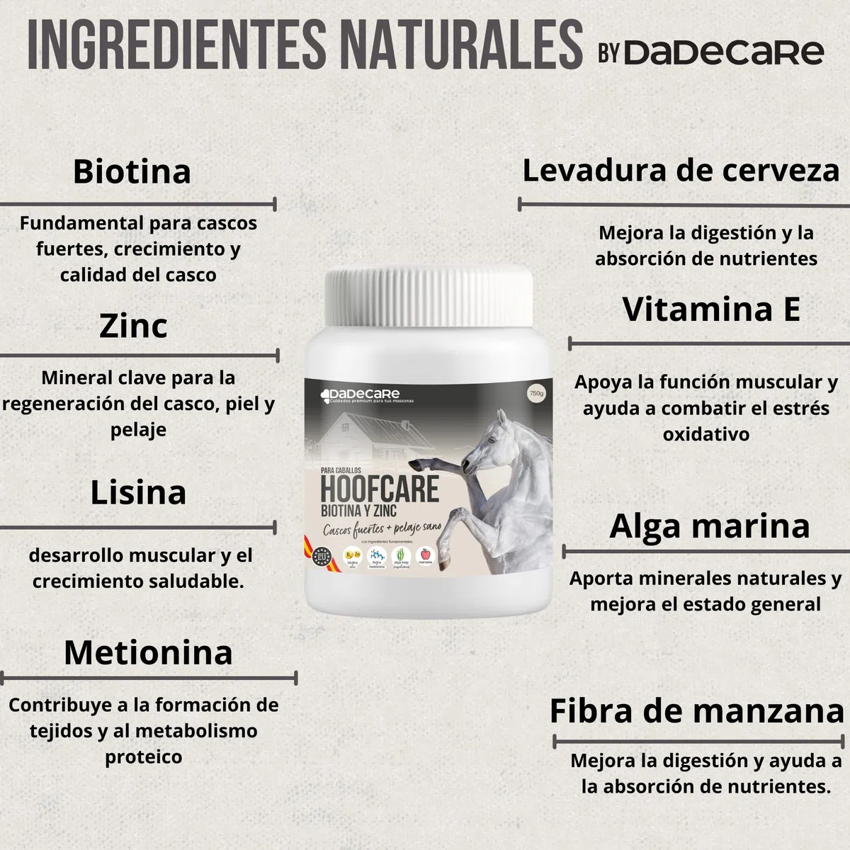 Hoofcare - Biotina y Zinc para Cascos Caballo 750g – Casco Fuerte y Crecimiento Natural – Ideal para Cascos Frágiles, Cambio de Pelaje y Caballos Deportivos – Cuidado Pezuñas, Piel y Pelaje Equino