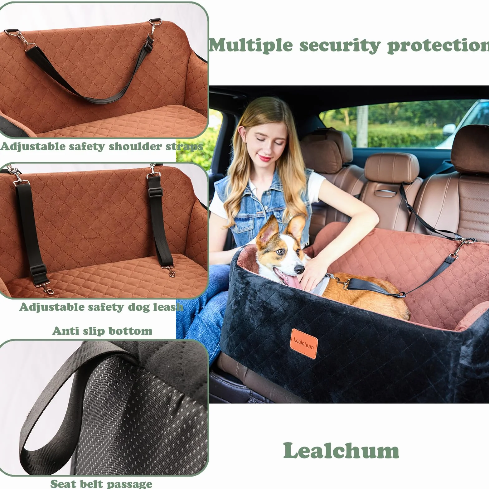 Lealchum Asiento de coche para perro de tamaño grande, tela suave, relleno de espuma viscoelástica, asiento de coche para perros con 2 correas de perro con clip, extraíble y lavable, cómodo asiento de