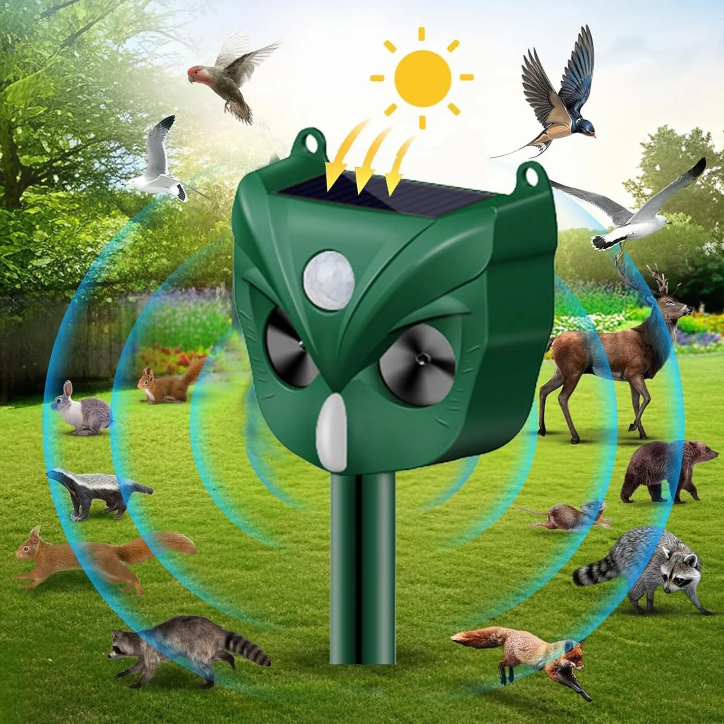 Repelente de gatos, repelente ultrasónico de animales, 5 modos, solar y recargable, disuasorio de animales para ciervos, perros, conejos, zorrillos, pájaros, para jardín al aire libre (RC546)