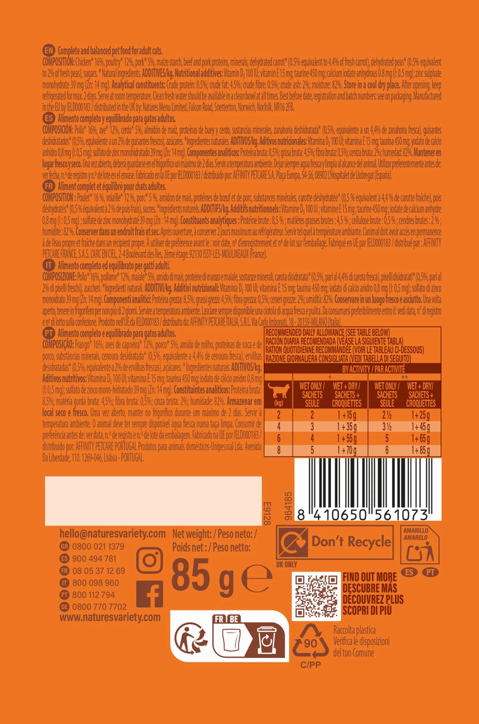 Nature's Variety Bocaditos en salsa, Comida húmeda para gatos con Pollo: 22 bolsitas de 85g