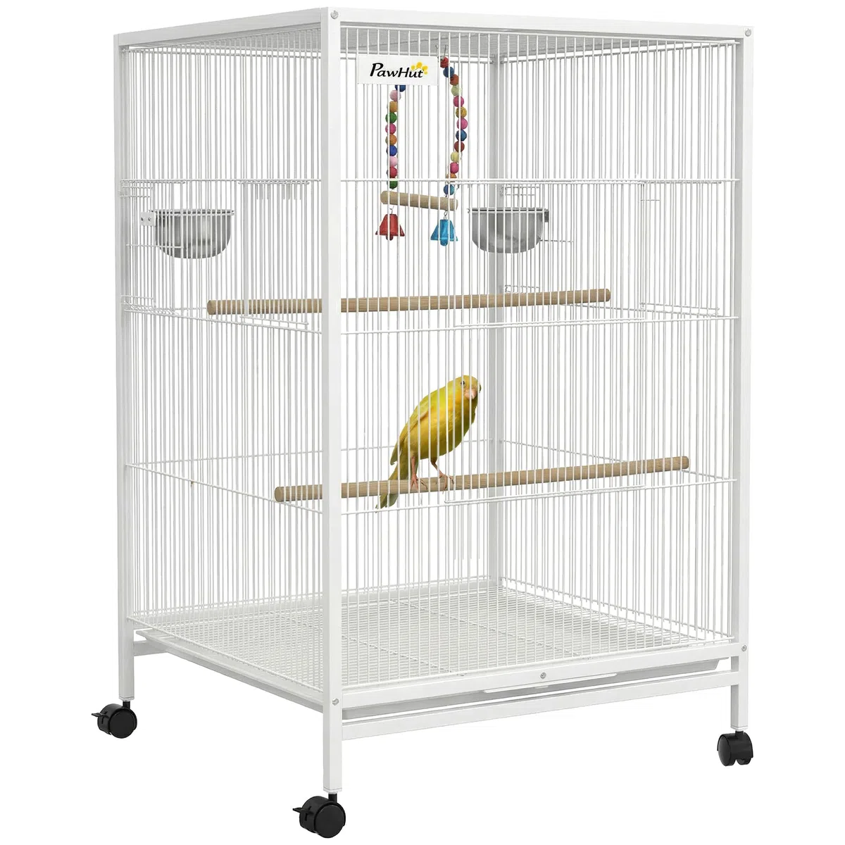 PawHut Jaula para Pájaros con Ruedas, Pajarera de Acero con Perchas, Columpio Bandeja Extraíble y Cuencos de Acero Inoxidable, Jaula Grande para Loros, Canario, Periquito, 48x46x78 cm, Blanco