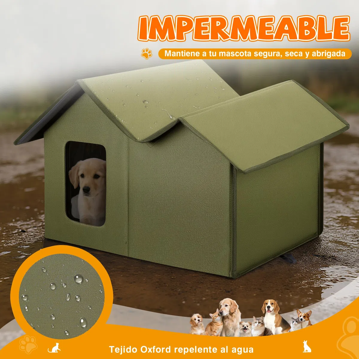 ALLSOPETS Casa para Gatos Exterior Impermeable, Caseta Gato Plegable y Resistente a la Intemperie, Refugio Cálido para Gatos o Perros Pequeños Interior y Exterior (Verde Bosque)