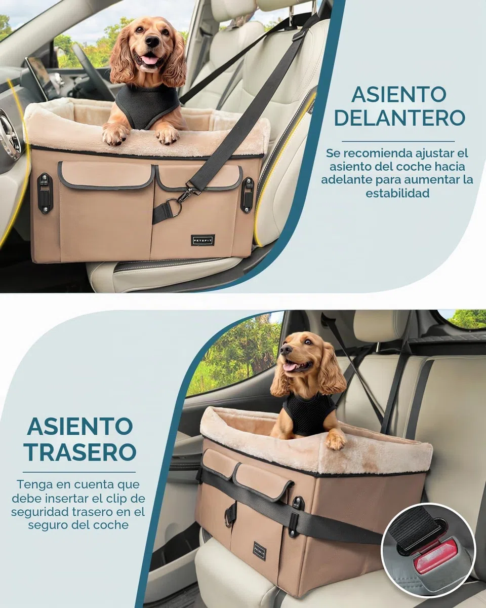 Petsfit Asiento de coche para perro de tamaño mediano, con hebillas de patente, almohadilla lavable, asiento elevador mejorado de hasta 20 kg, caqui