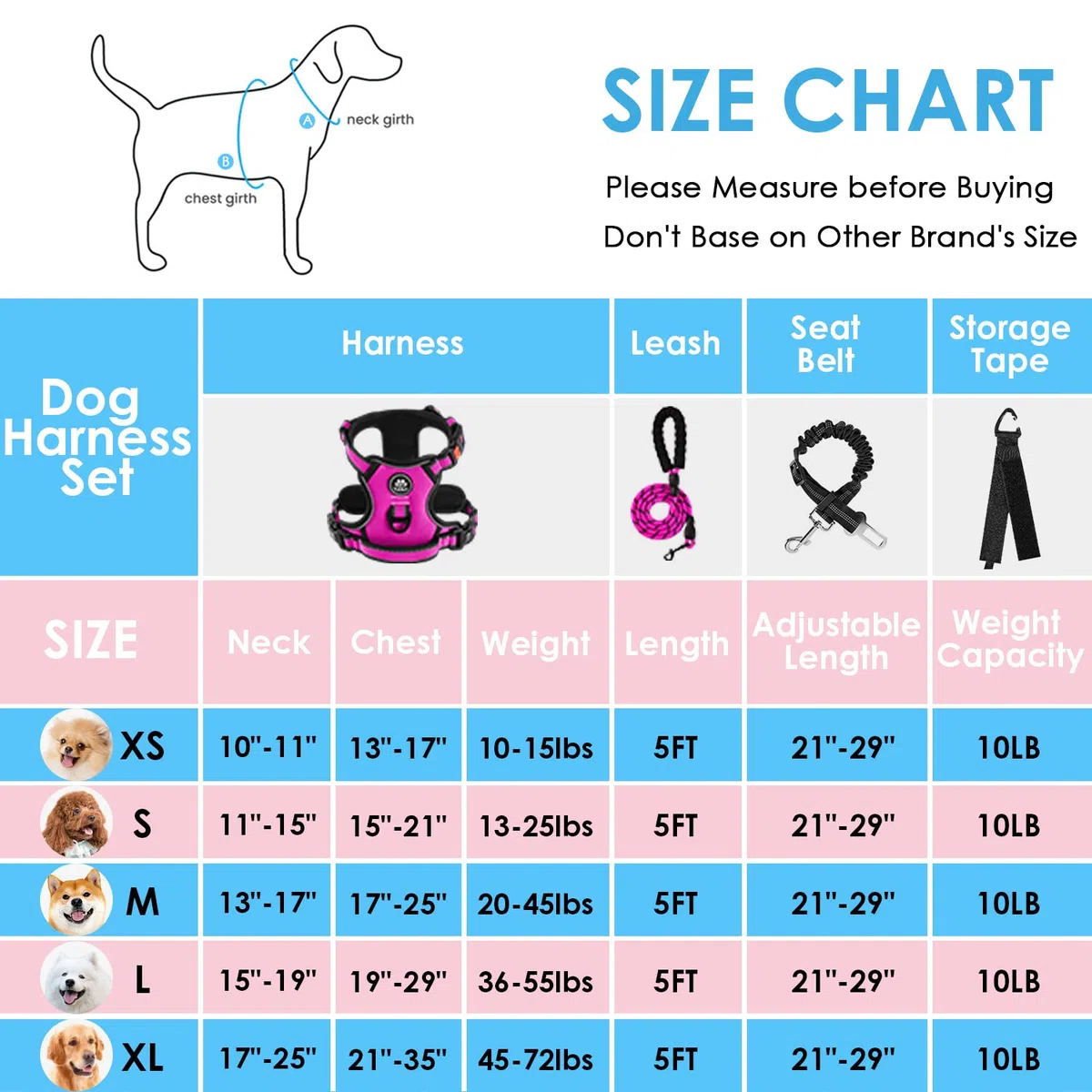 NESTROAD Arnes en H Antitirones Collar y Correa de Perro Coche, Cinturon de Seguridad Perros Antiescape Rosa Rojo, Talla M para Perros Mediano, Cuello 33~43CM Pecho 43~64, Perros Accesorios Básicos
