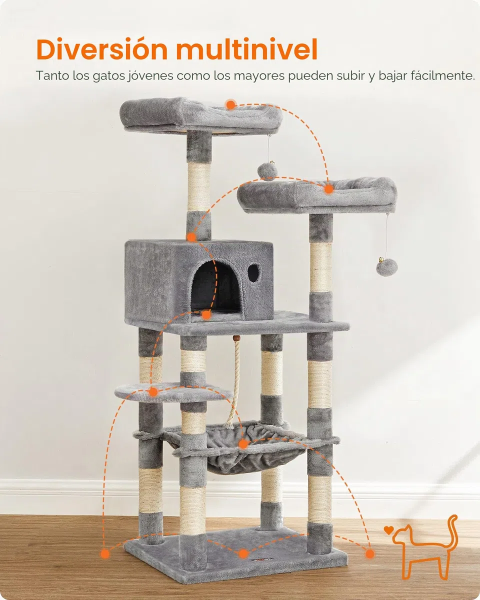 Feandrea Árbol para Gatos de Altura 143 cm, Torre para Gatos, con 11 Postes Rascadores, 2 Plataformas, 1 Cueva, 1 Hamaca, 2 Pompones, Tela de Felpa, Multinivel, Gris Claro PCT15W