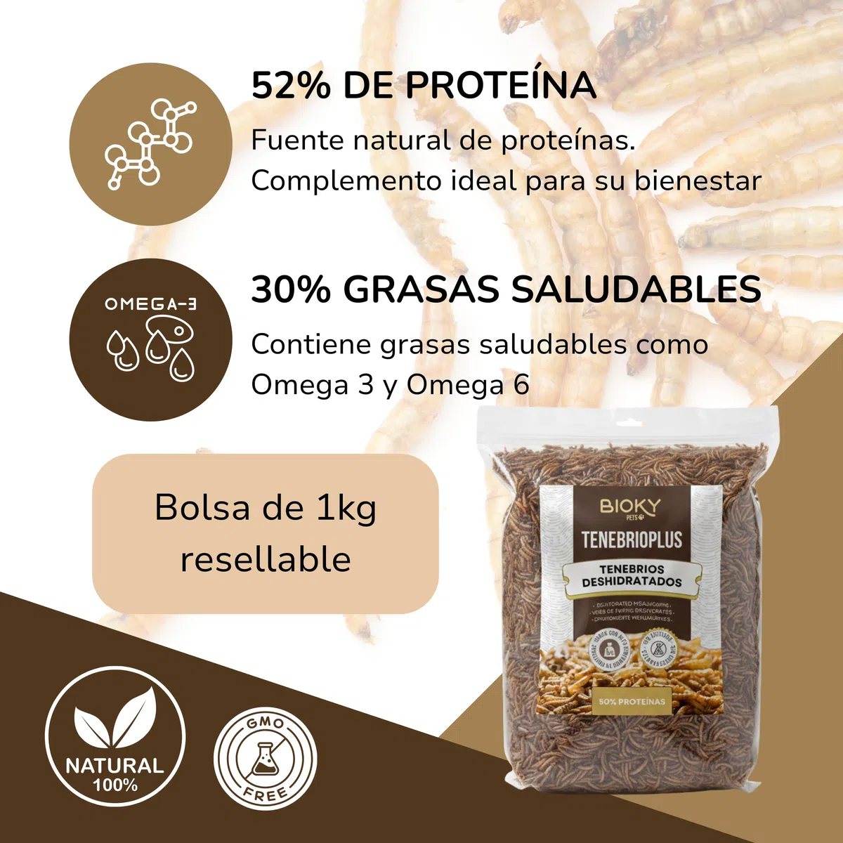 Gusanos de la Harina 1 KG - Tenebrios Deshidratados Premium 6,5L - Comida para Aves, Tortugas, Peces, Hamster, Pájaros, Roedores | +50% Proteína