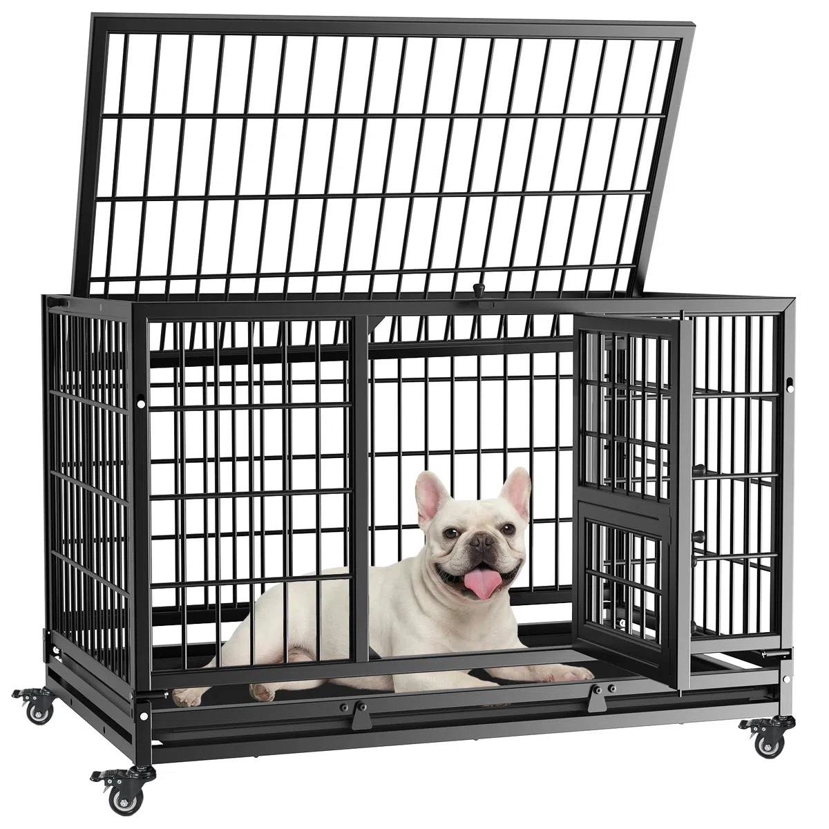 Gardner Pet Jaula para Perro Talla L-82.3x51.5x56cm para Perros Medianos, Diseño a Prueba de Escape con Bandeja, 3 Puertas Desmontables y Ruedas Bloqueables, Jaula Plegable de Metal para Perros-Negro