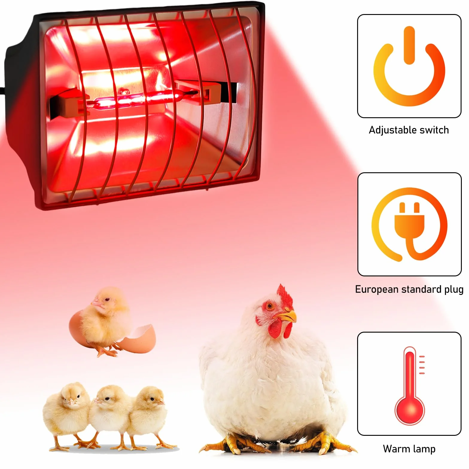 Lámpara de calor de 1,8 metros, emisor de calor, lámpara infrarroja de luz roja con interruptor, lámpara de calor para animales, lámpara de calefacción para gallineros, para pollitos etc. (175 vatios)