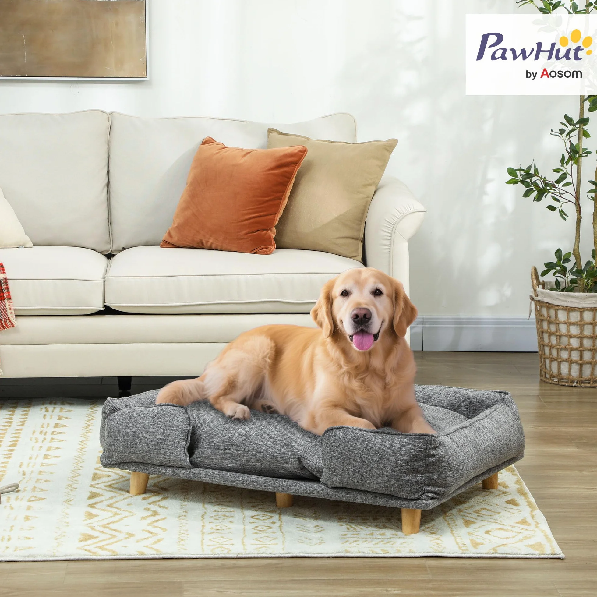 PawHut Sofá para perros con respaldo, patas de madera, cama para perros con poliéster, sofá para mascotas y gatos, para perros grandes de hasta 30 kg y 60 cm de altura de hombro, 96 x 66 x 24 cm