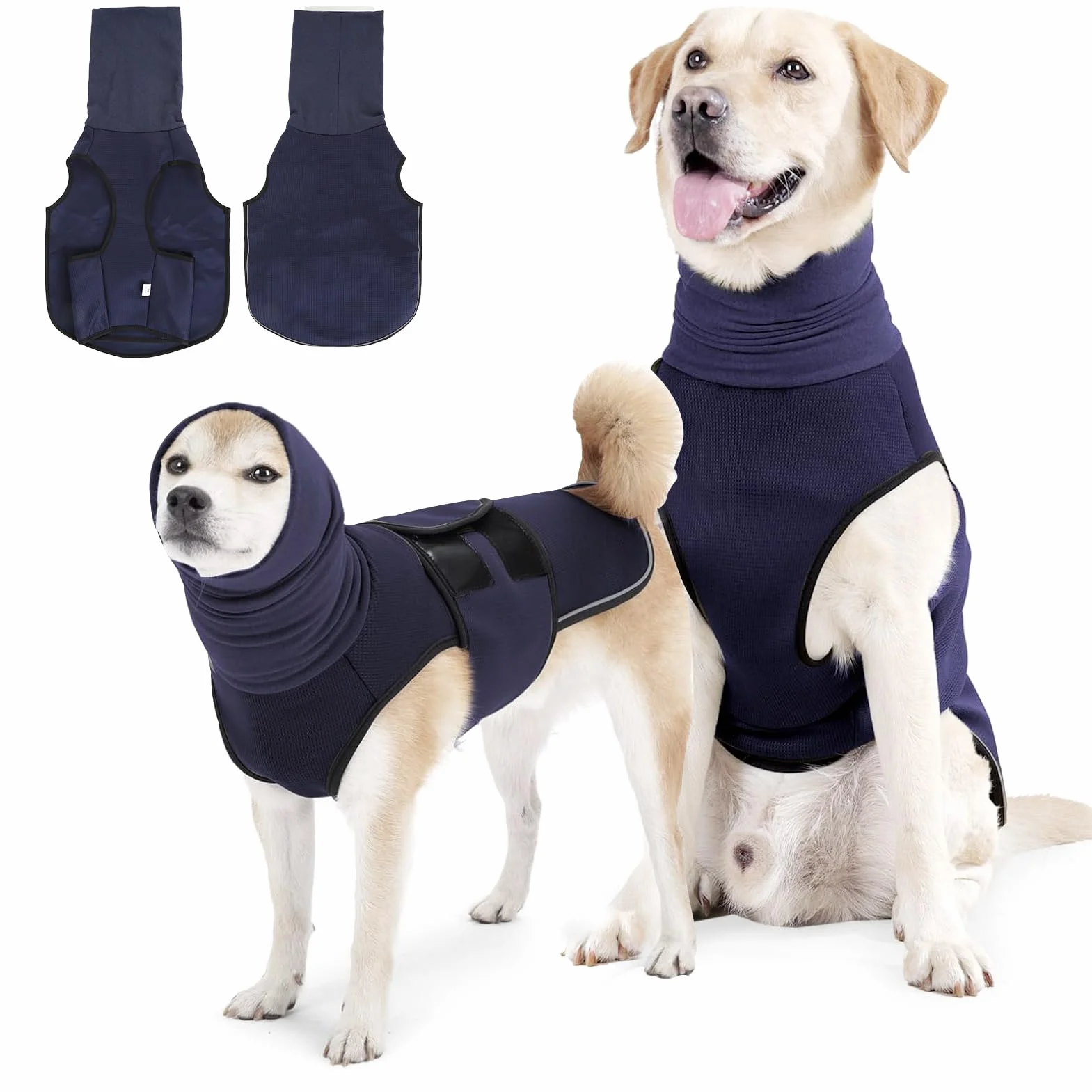 Chaleco calmante para perros, abrigo para perros con capucha calmante, abrigo para perros con protector de oídos calmante tiras reflectantes, plumas calmantes para perros para aliviar la ansiedad