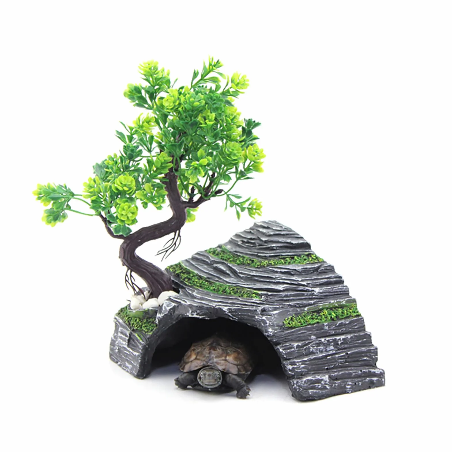 OMEM Reptil Box Refugio Terrario Escondite Cuevas Tortuga Plataforma para Tomar el Sol Decoración de Hábitat Humidificar Ocultar Cueva Resina Roca (M)
