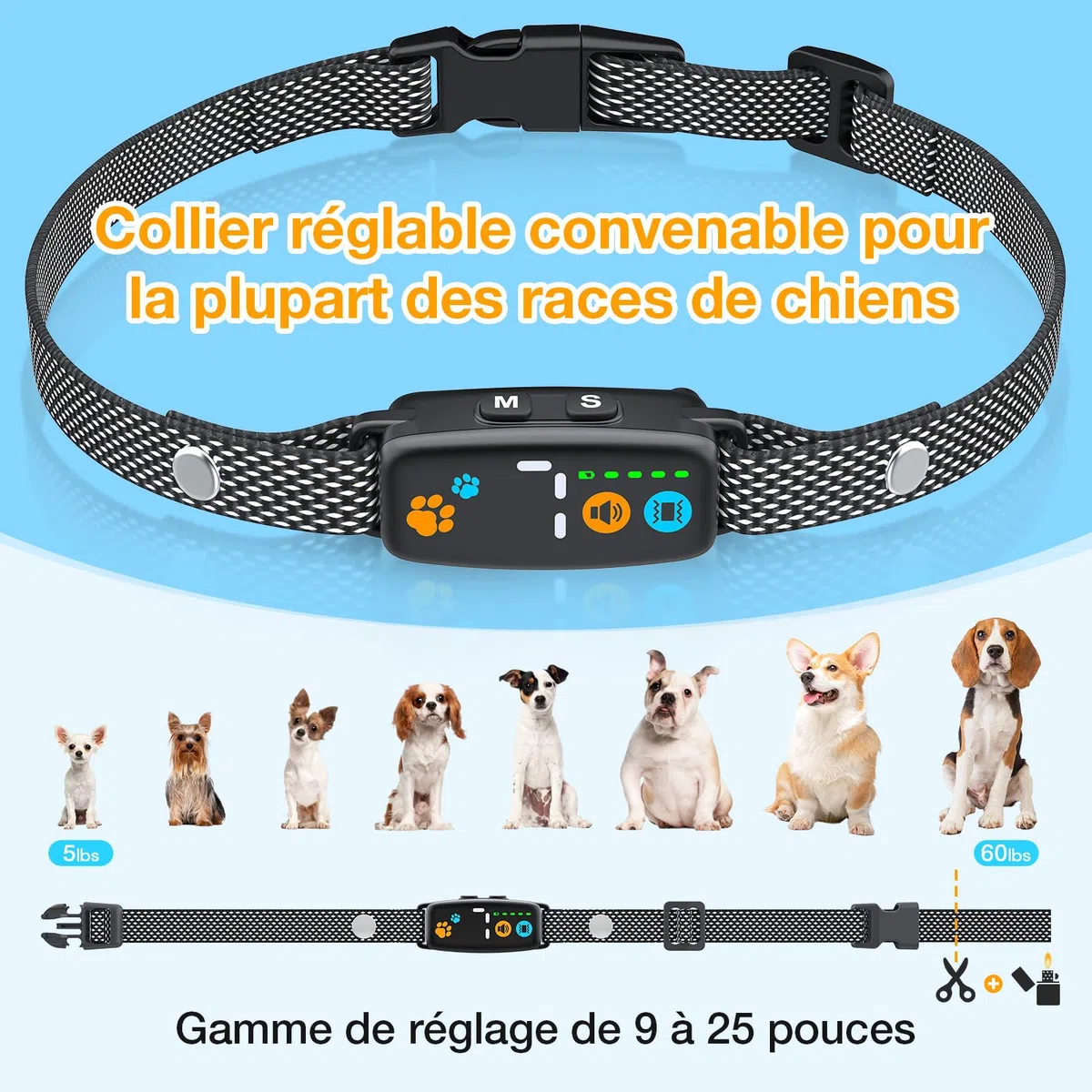 Collar Antiladridos Perros Pequeños Recargable, Súper Fino y Ligero, 3 Modos y 7 Niveles de Sensibilidad, Detección Inteligente de Ladridos, Impermeable IP67 para Perros Pequeños