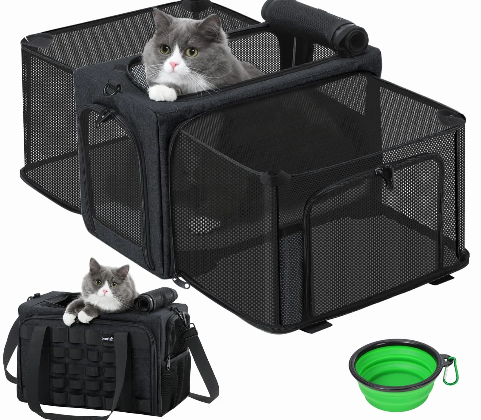 Pecute Transportín para Gatos Extensible, Aprobado por Aerolíneas, Bolso Suave Transpirable hasta 5kg/12lbs, Plegable para Viajes, Aire Libre y Camping, Gris Oscuro