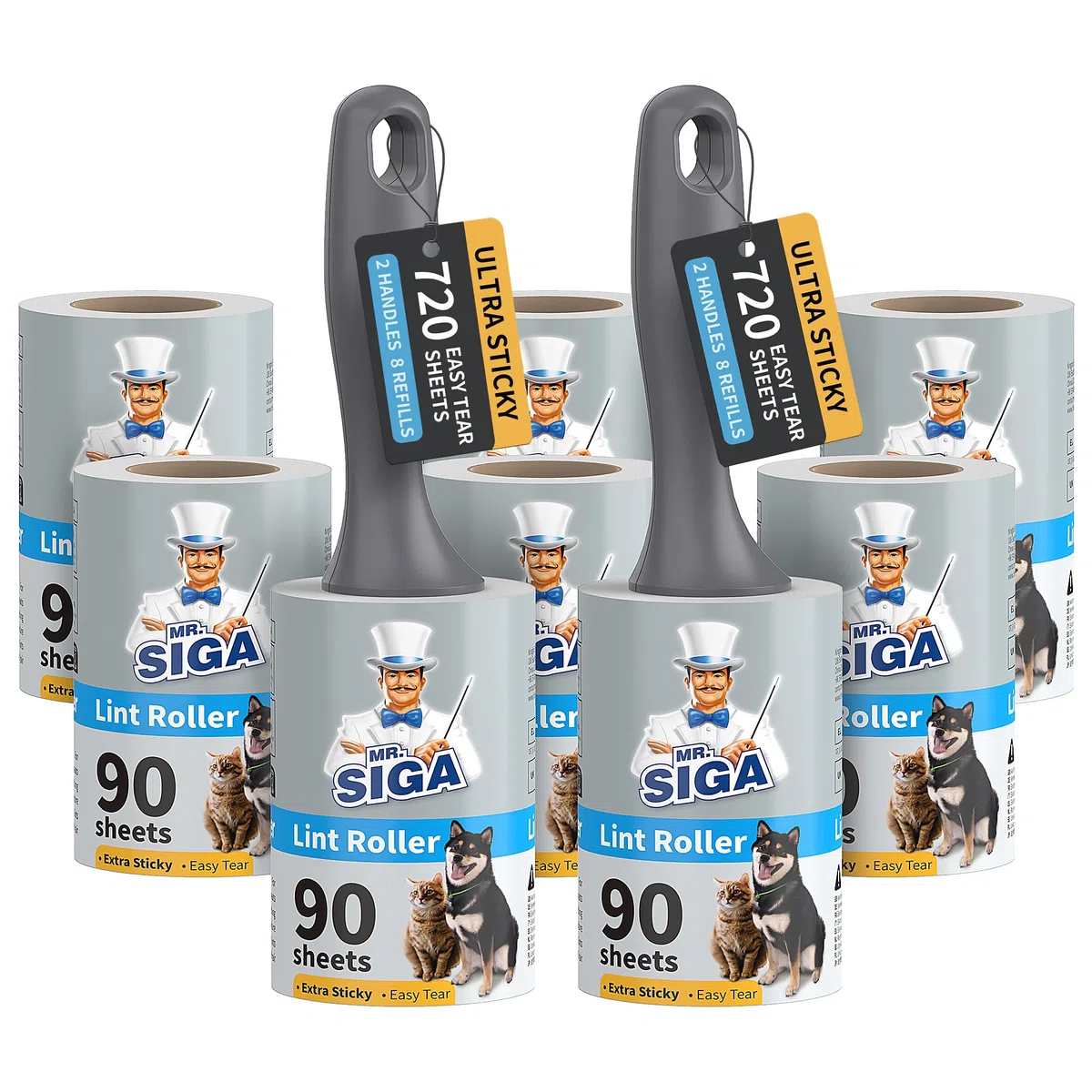 MR.SIGA Rodillo Quita Pelusas para Pelo de Mascota Extra Pegajoso, 720 Hojas, Quita Pelusas para Ropa, Muebles, Quita Pelo de Mascota con Hojas Fáciles de Rasgar