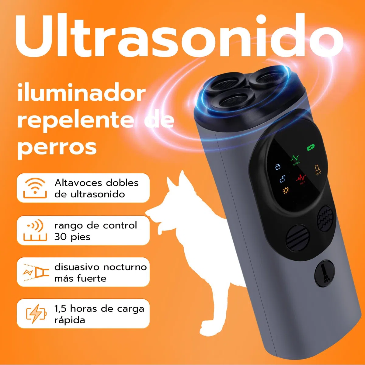 Mcbazel Ahuyentador de Perros, Dispositivo Ultrasónico Antiladridos de Largo Alcance 30 Pies, con 2 Modos de Ultrasonido y Linterna Estroboscópica, para la Mayoría en Interiores y Exteriores