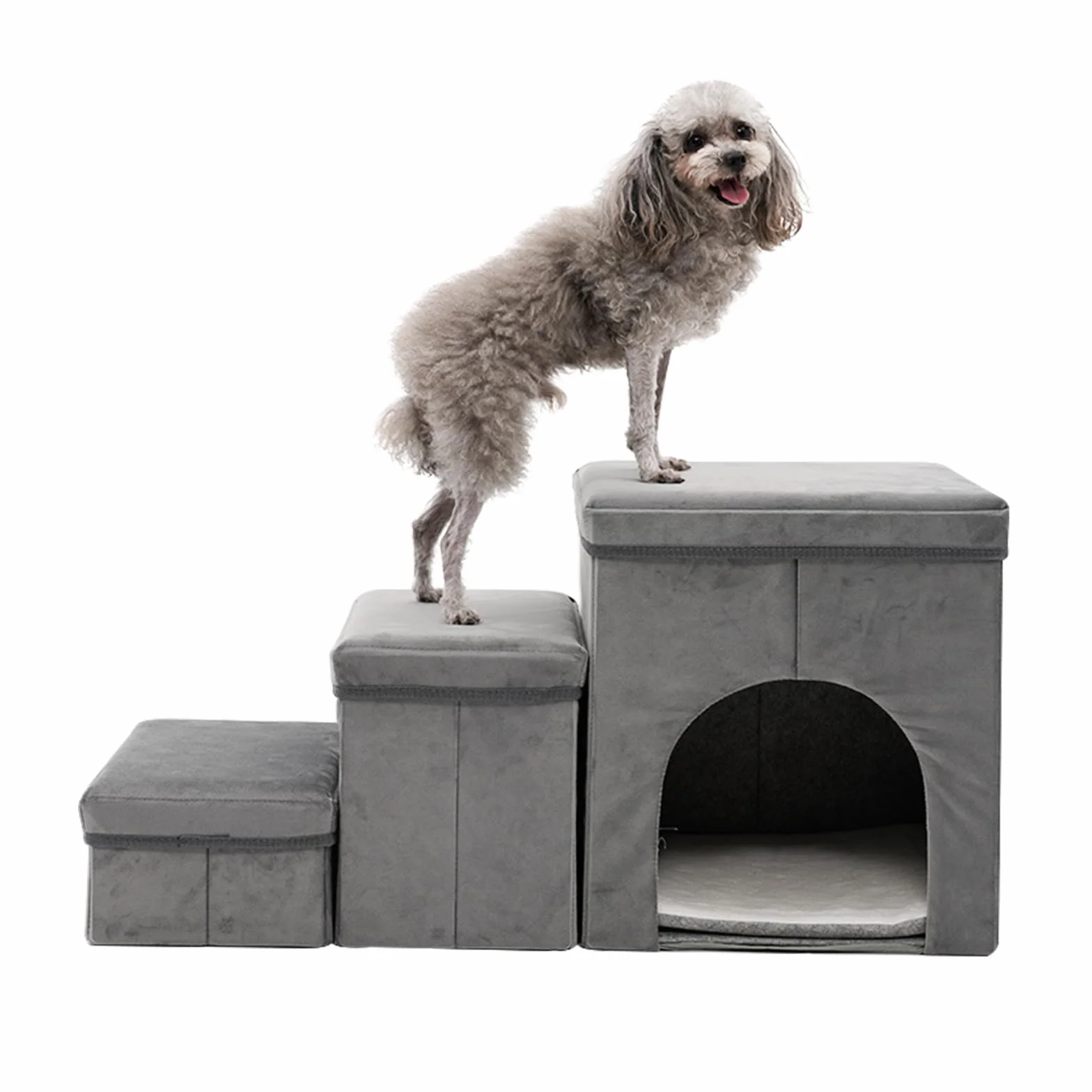 Escalera para Perros de 3 Niveles para Perros Pequeños,con Espacio de Almacenamiento para Cama,Sofá,40 cm de Alto,Escalera para Gatos Viejos,Esponja para Mascotas,Gris y Azul