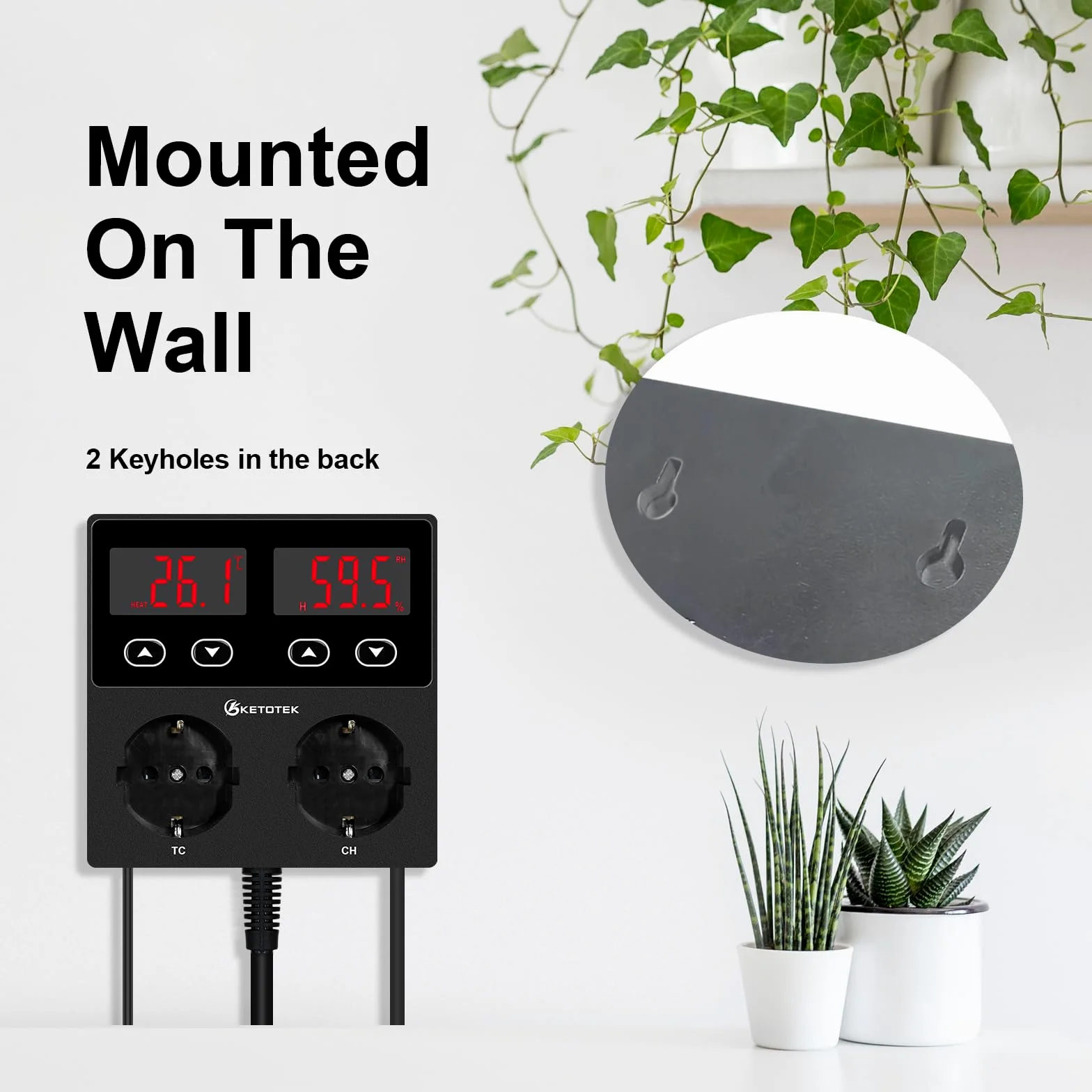 KETOTEK Enchufe con Higrostato Termostato con Sonda, Controlador de Humedad y Temperatura Regulador Digital 220V con Alarma para Terrario Reptil Invernadero Incubadora Humidificador Deshumidificador