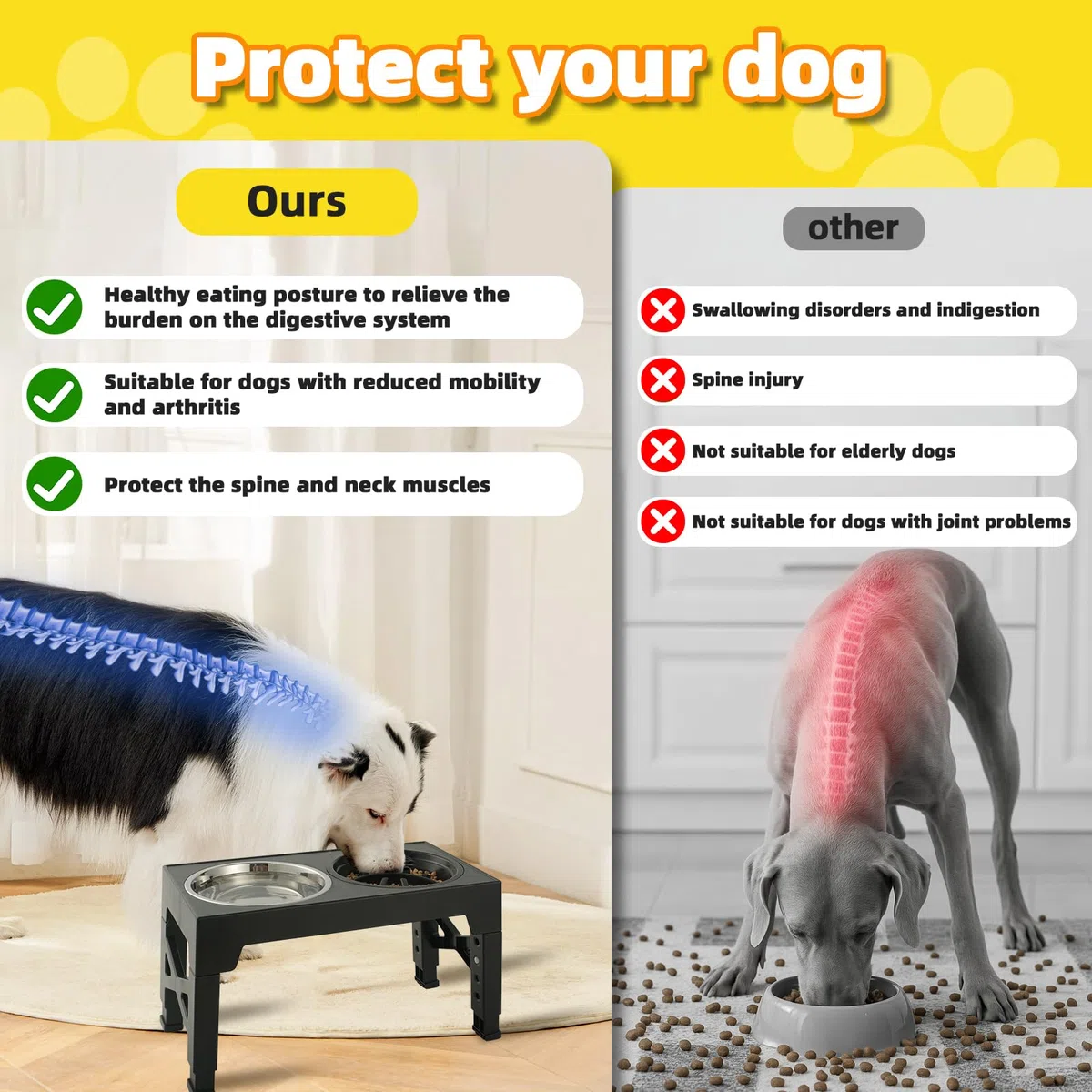Comedero Perro Elevado y Ajustable - 2 Cuencos de Acero Inoxidable (1200ml) + 1 Comedero Lento (800ml) - Base Antideslizante para Perros Medianos/Grandes