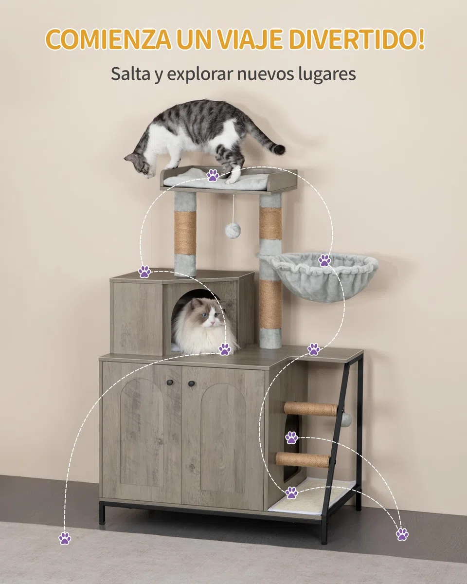 Hzuaneri Armario para Gatos, Moderna Casa para Gatos 4 en 1 con Plataforma Grande, Mueble Arenero Gato con Alfombrilla para Arañar, Postes, Escaleras y Pompón, Cojines Lavables, Greige CB81005B