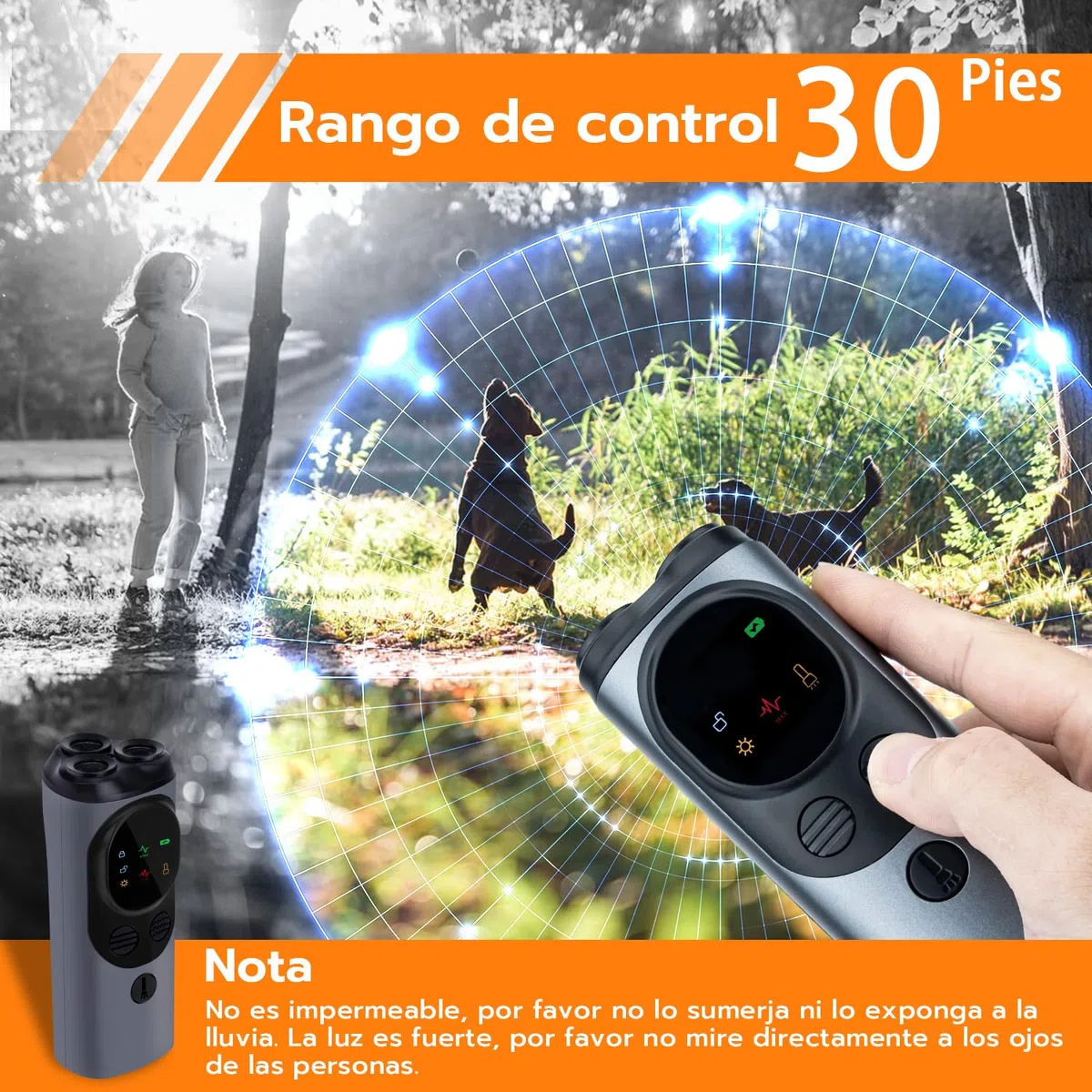 Mcbazel Ahuyentador de Perros, Dispositivo Ultrasónico Antiladridos de Largo Alcance 30 Pies, con 2 Modos de Ultrasonido y Linterna Estroboscópica, para la Mayoría en Interiores y Exteriores